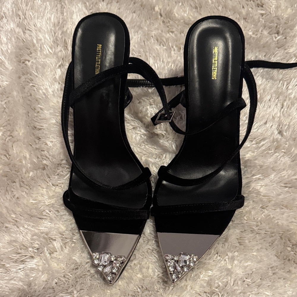 PrettyLittleThing Black and Silver Strappy Heels